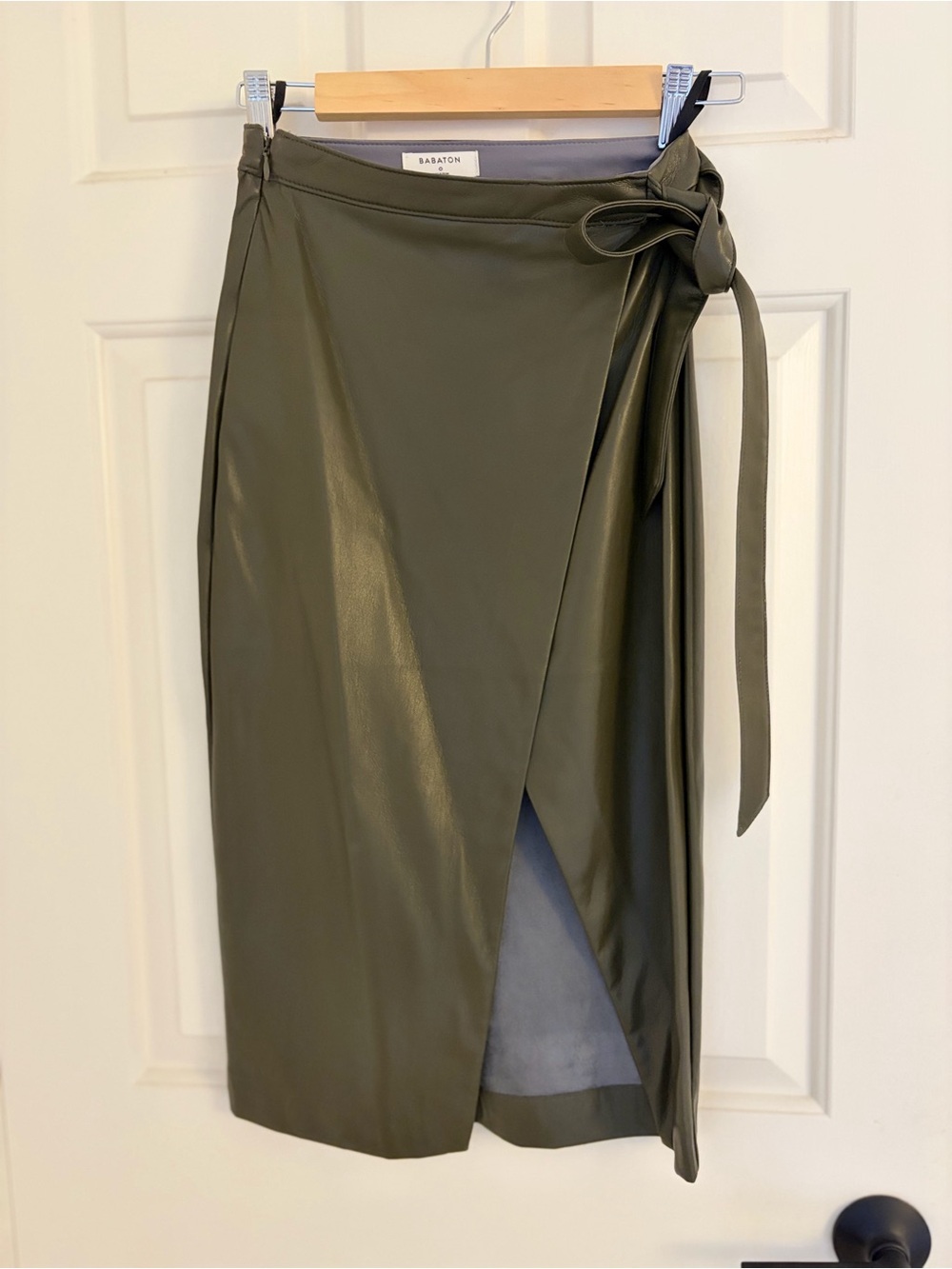 Babaton Olive Green Faux Leather Wrap Midi Skirt